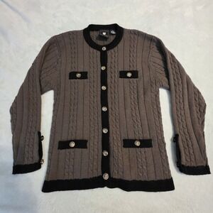 Henley Wool Blend Cardigan Women's M Brown Black Gold Button Cable Knit Vintage